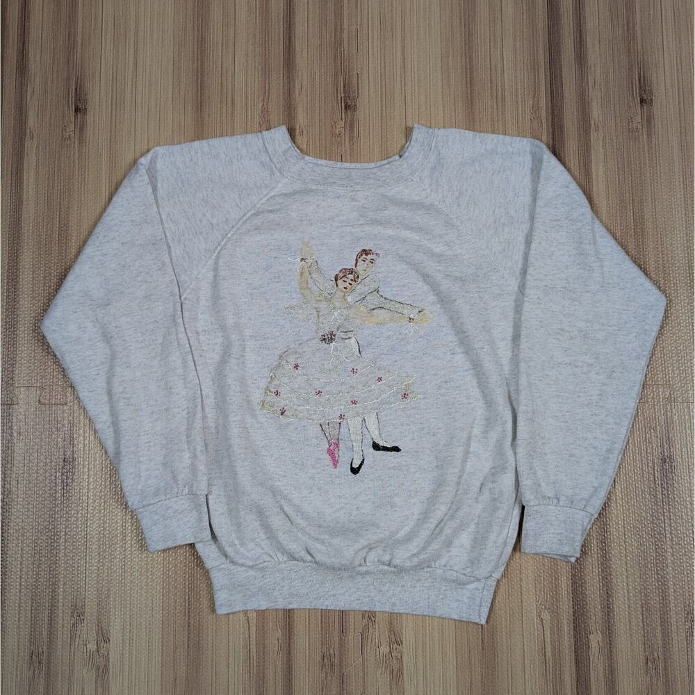 Vintage Ballerina Sweater Youth L Embroidery Art 80s Kids Cute VTG 16 1/2X21 1/2